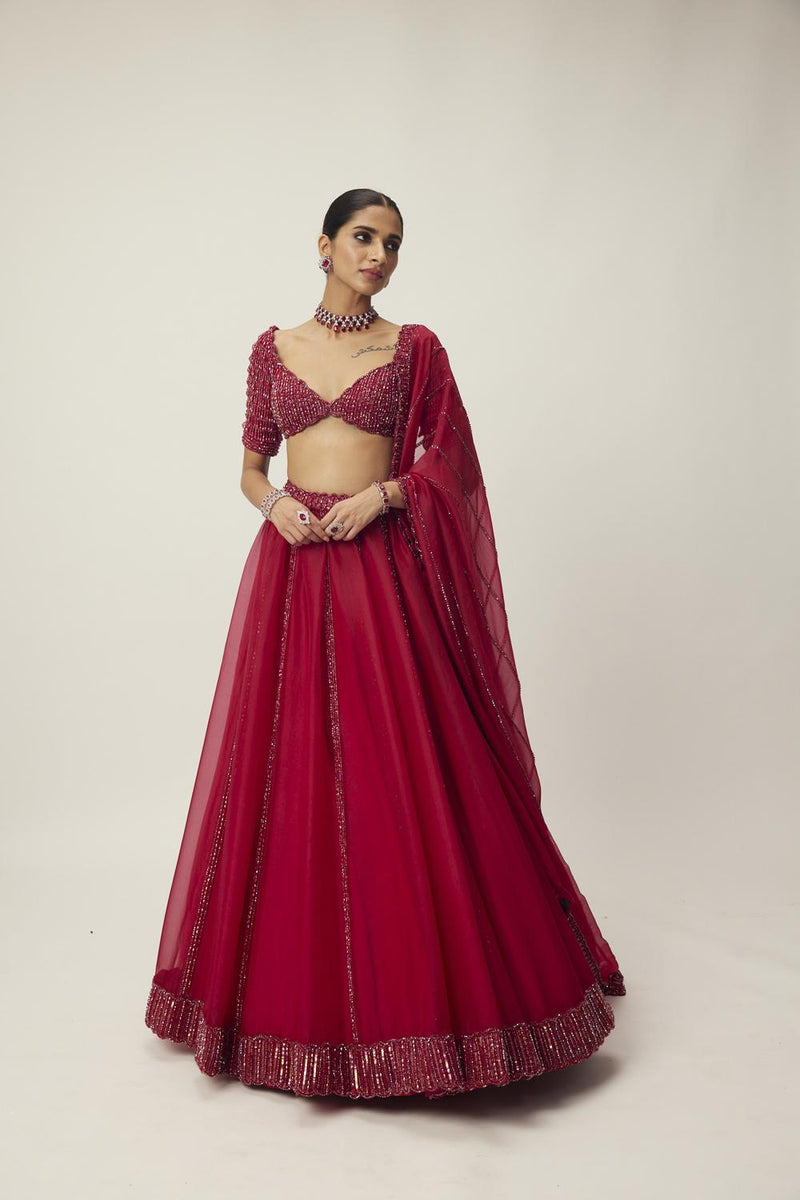 Ruby Red Organza Lehenga Set