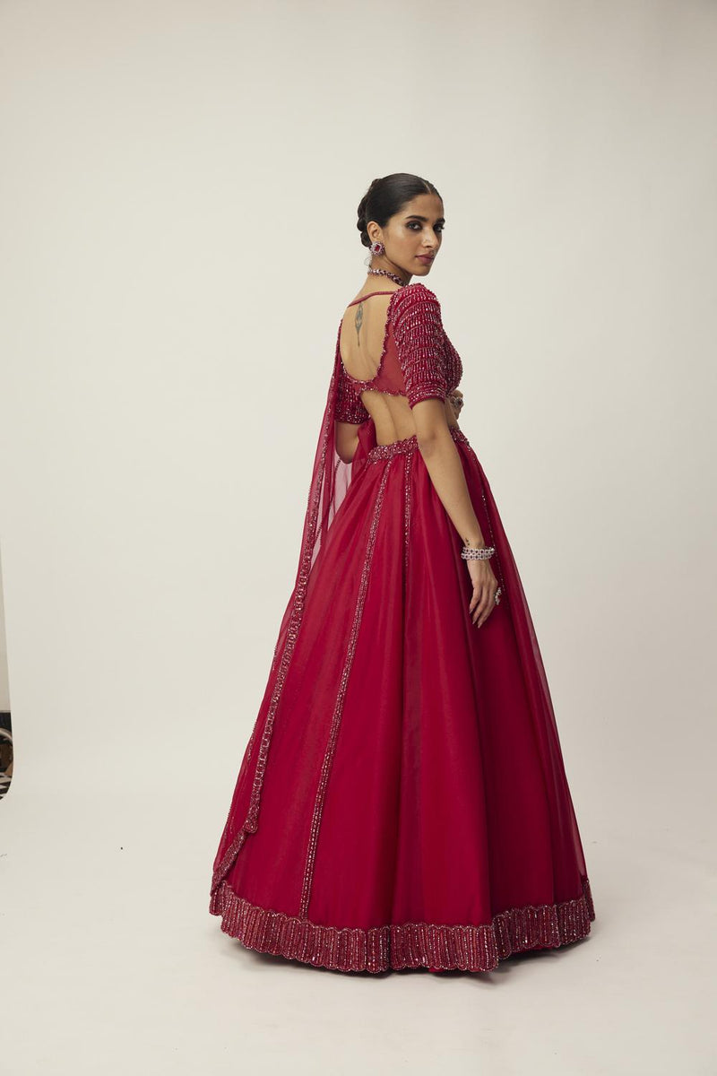 Ruby Red Organza Lehenga Set