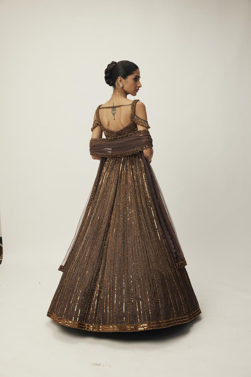 Copper Crystal Linear Embroidered Lehenga Set