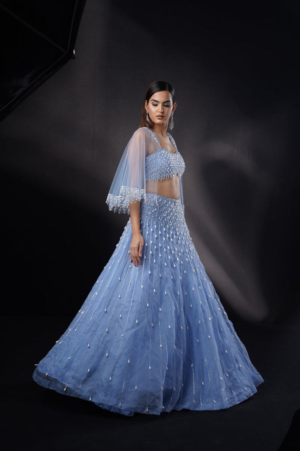 "Camilla": Blue 3D Pearlwork Lehenga Set With Cape.