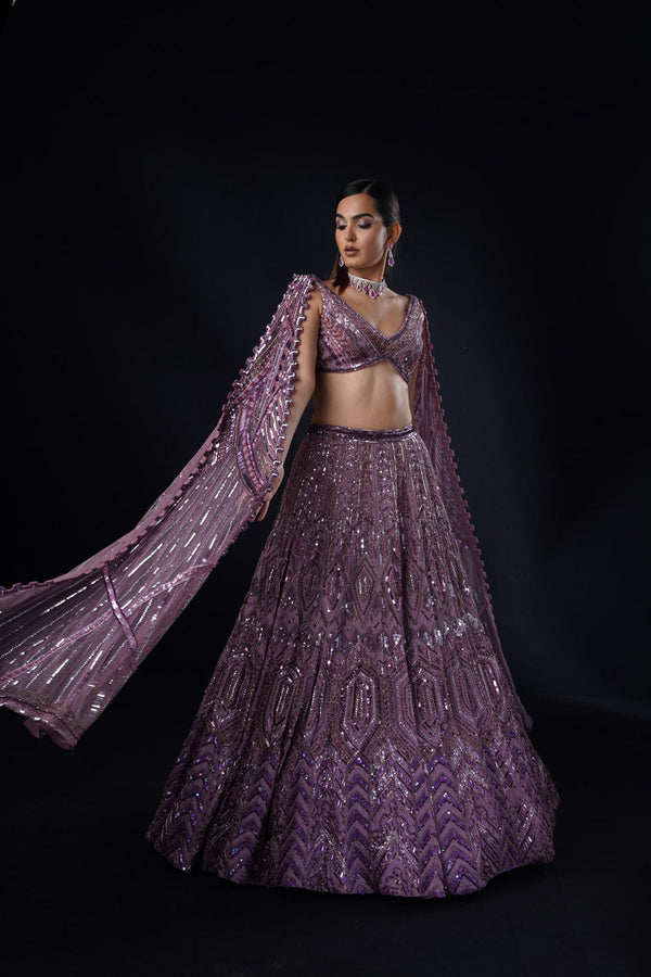 "Sapphire" Hand Embroidered Lehenga Set With Cape