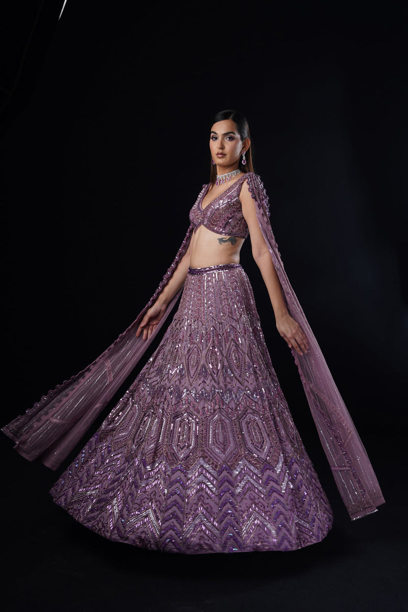 "Sapphire" Hand Embroidered Lehenga Set With Cape