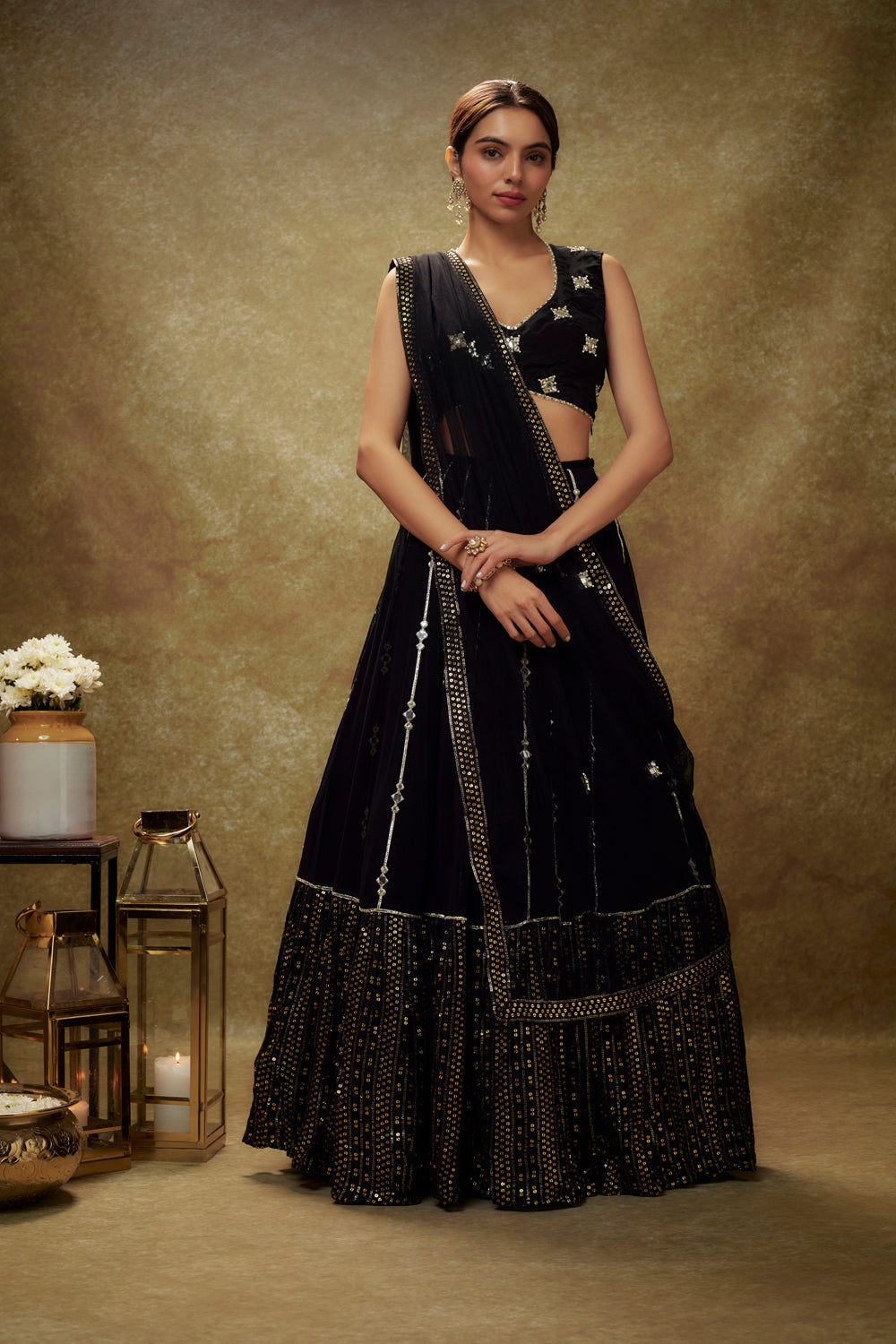 Black Mirror Work Sequin Lehenga Set