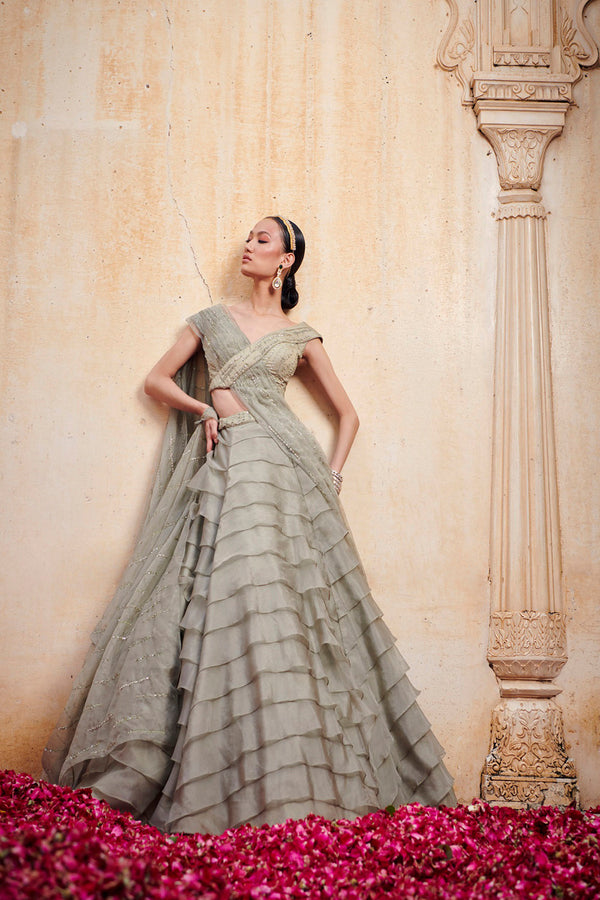 Olive Green Layered Lehenga