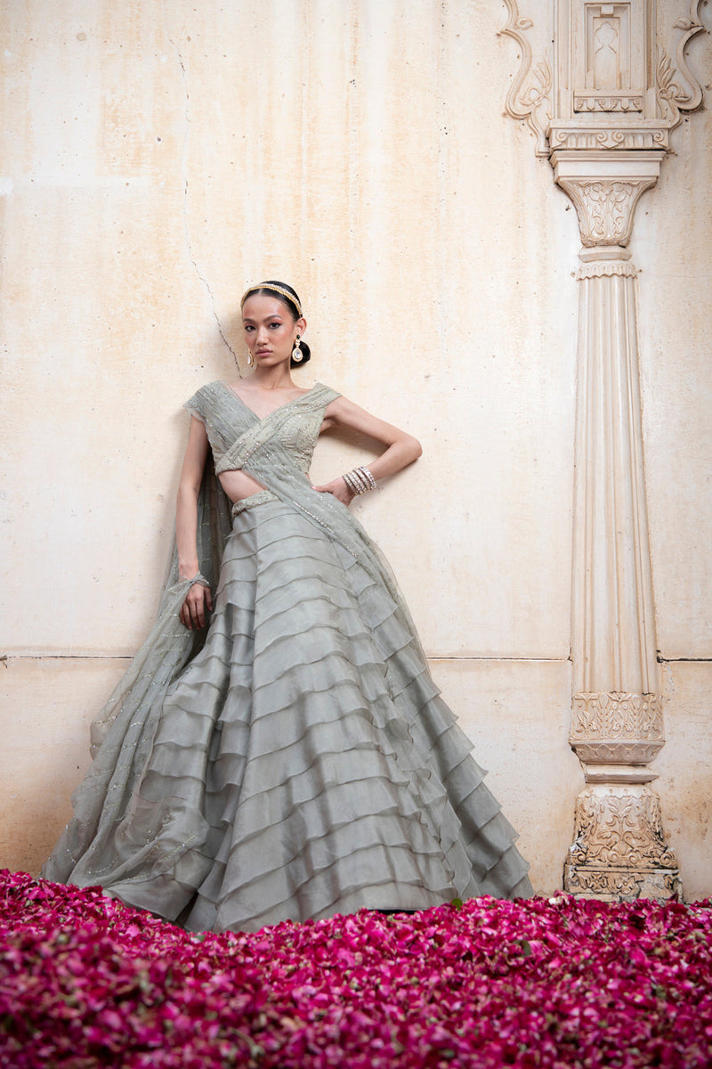 Olive Green Layered Lehenga