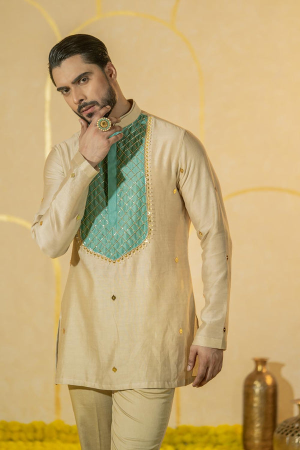 Turquoise Patch Short Kurta Set