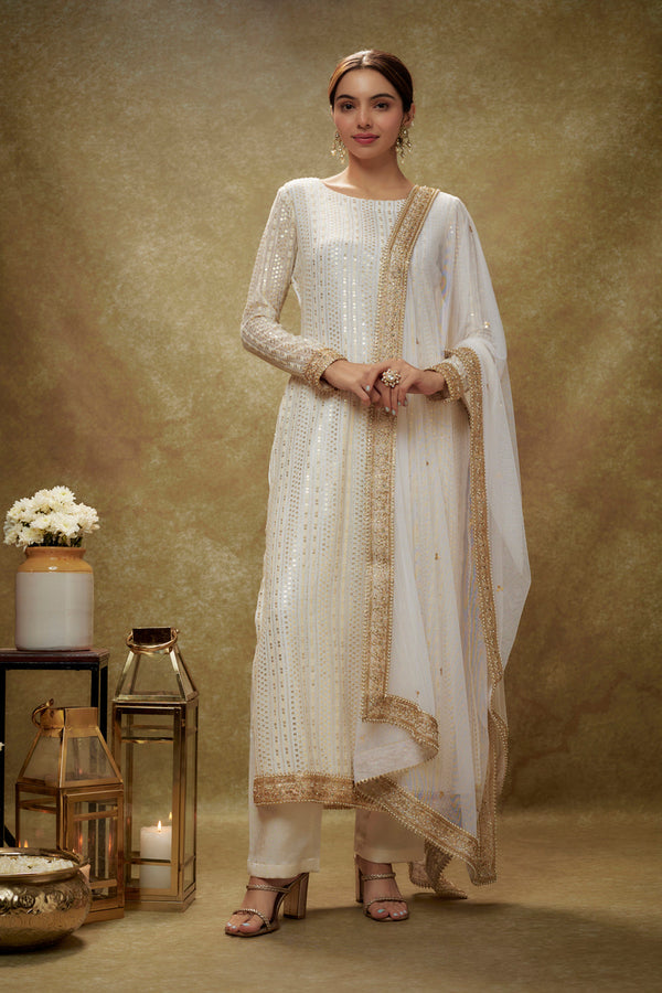 Ivory & Gold Sequin Kurta Pants Set