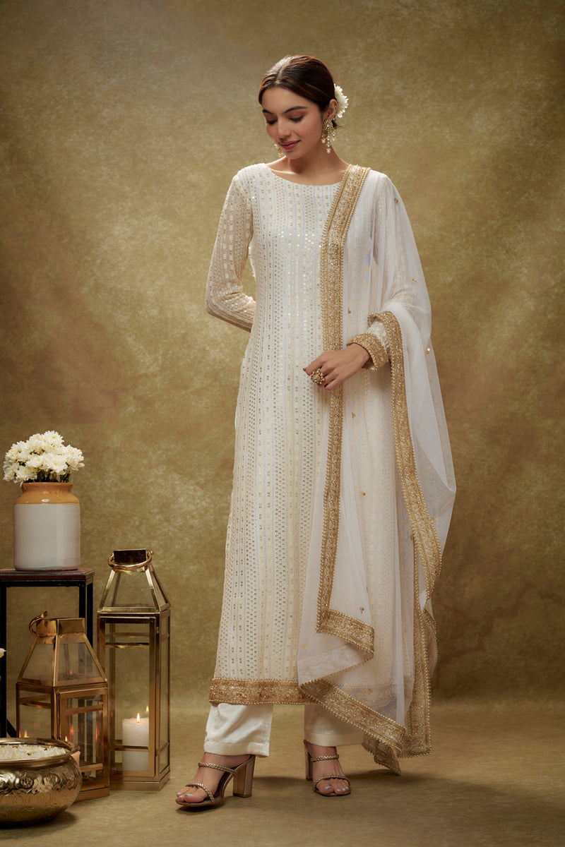 Ivory & Gold Sequin Kurta Pants Set