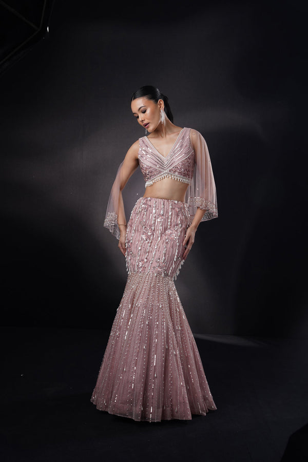 "Elise" Bronz Fishcut Pearl Lehenga Set With Cape