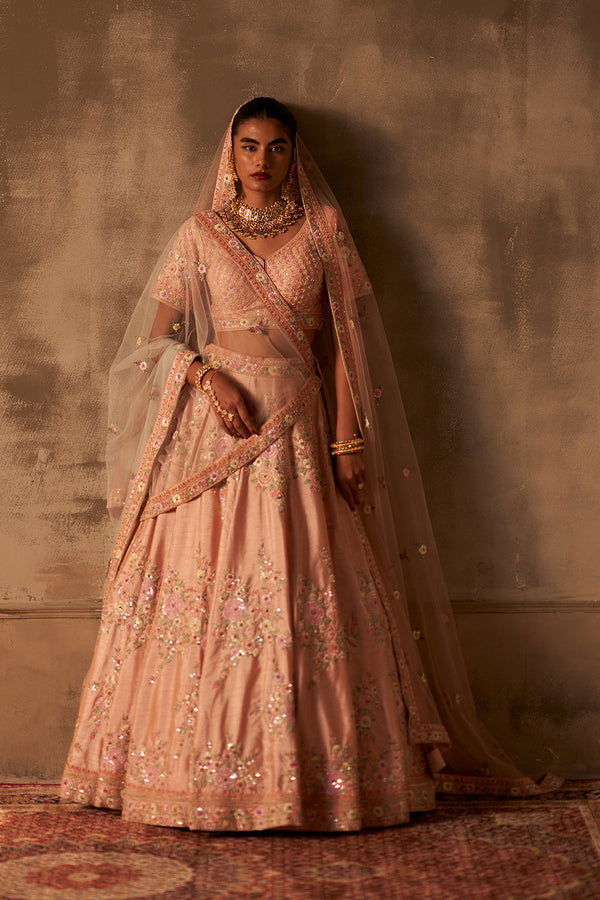 Peach Raw Silk Double Dupatta Lehenga Set