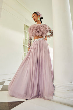 Misty Lilac Feather Blouse & Skirt Set