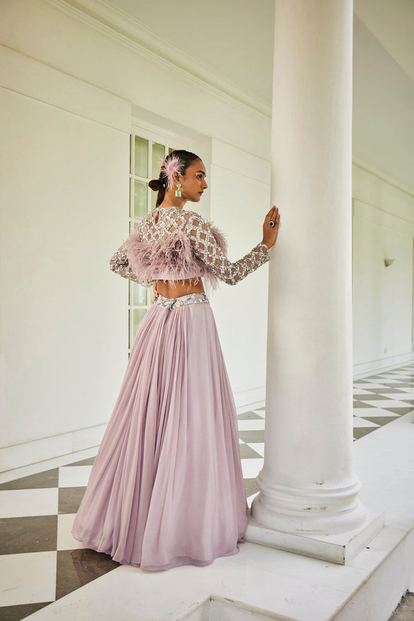 Misty Lilac Feather Blouse & Skirt Set