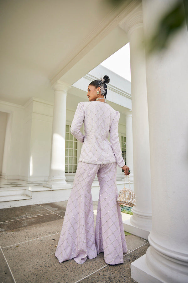 Lavender Embroidered Jacket With Flared Palazzo