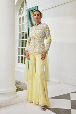 Pineapple Yellow Embroidered Jacket & Sharara Set