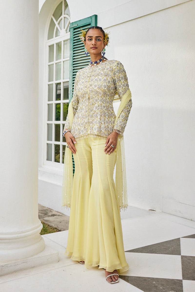 Pineapple Yellow Embroidered Jacket & Sharara Set