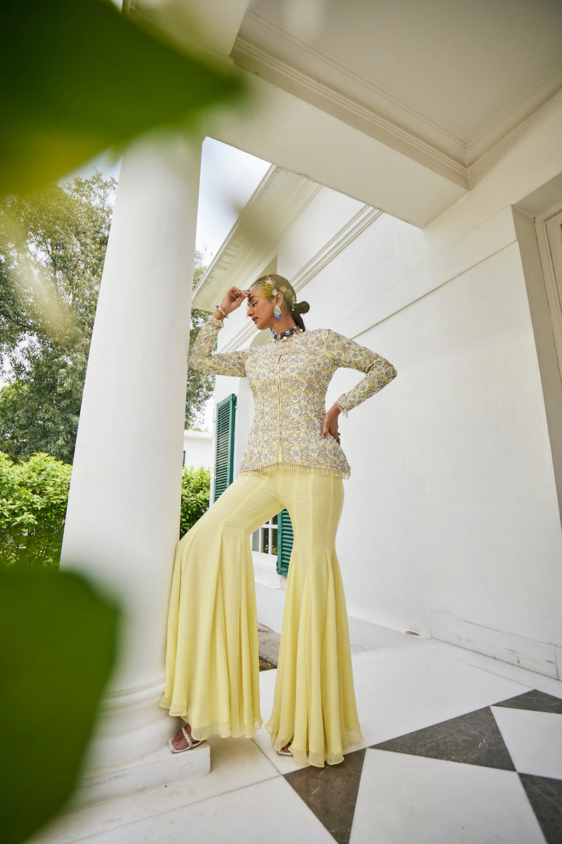 Pineapple Yellow Embroidered Jacket & Sharara Set