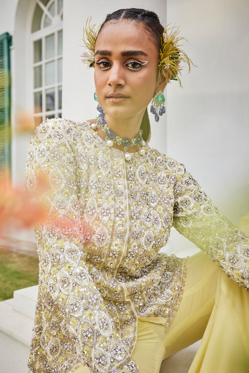 Pineapple Yellow Embroidered Jacket & Sharara Set