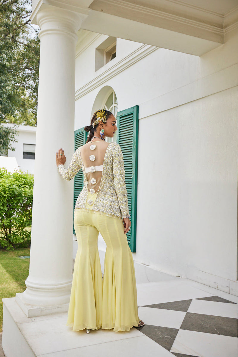 Pineapple Yellow Embroidered Jacket & Sharara Set