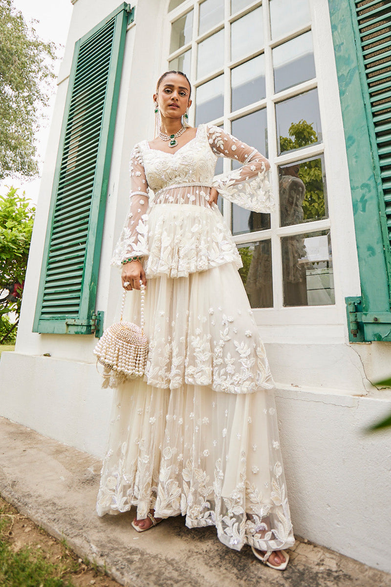 Pearled Ivory Peplum & Layered Sharara Set.