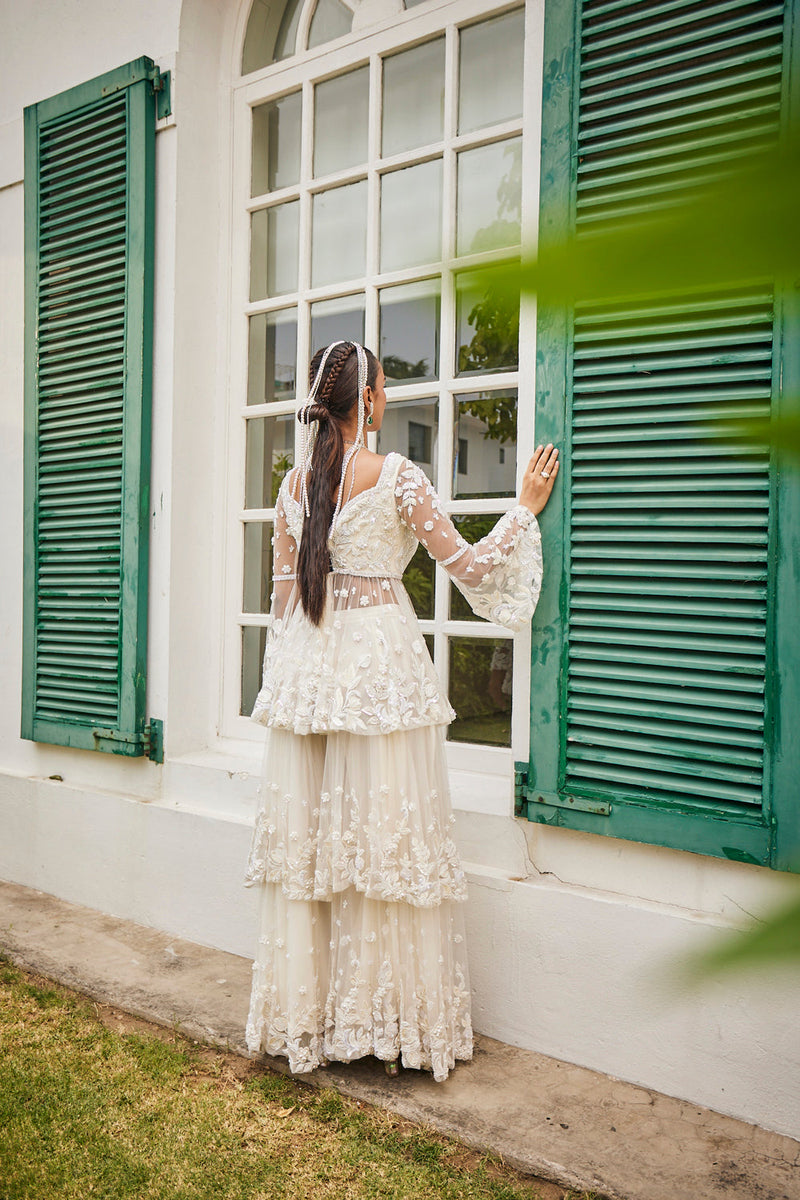 Pearled Ivory Peplum & Layered Sharara Set.