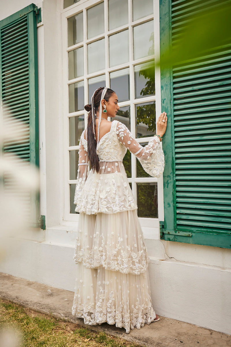 Pearled Ivory Peplum & Layered Sharara Set.