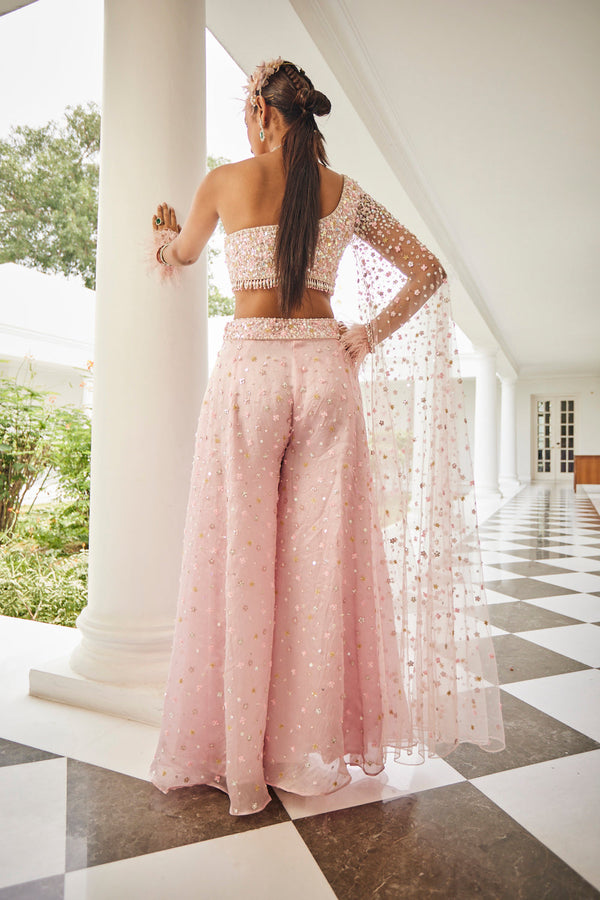 Pinkesque One Shoulder Drape Blouse & Sharara Set