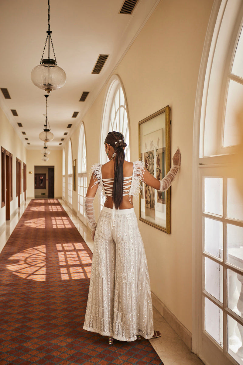 Star White Cutdana & Pearl Embroidered Feather Blouse &  Sharara Set