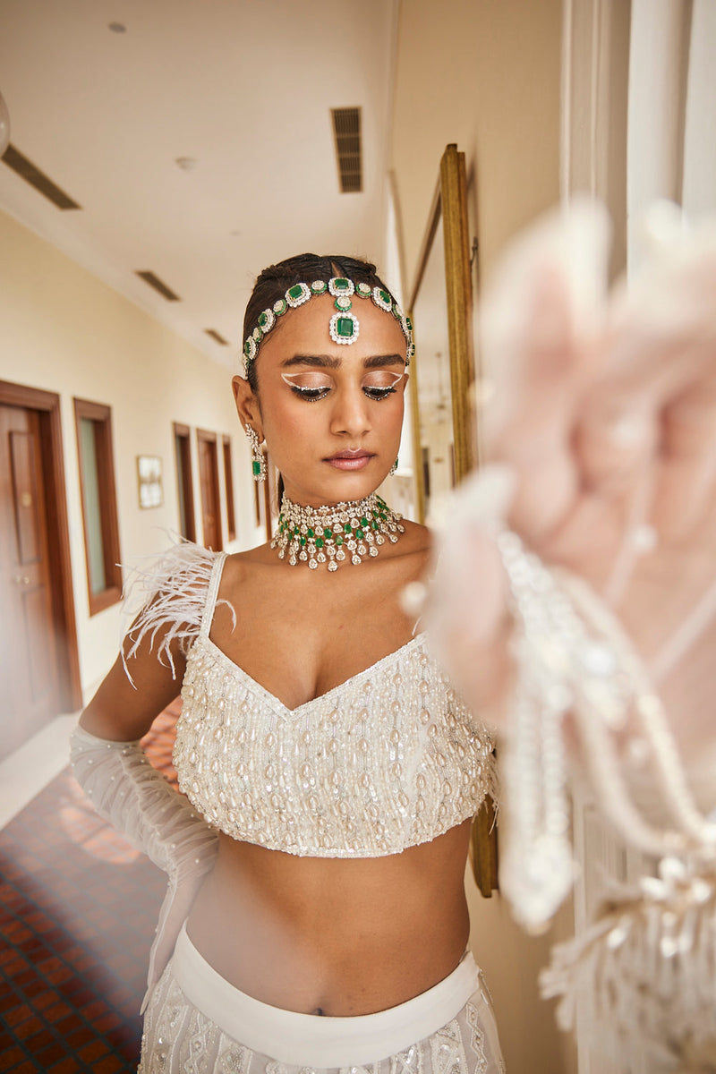 Star White Cutdana & Pearl Embroidered Feather Blouse &  Sharara Set