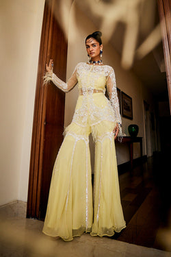 Lemon Chiffon Jacket, Bustier & Gharara Set