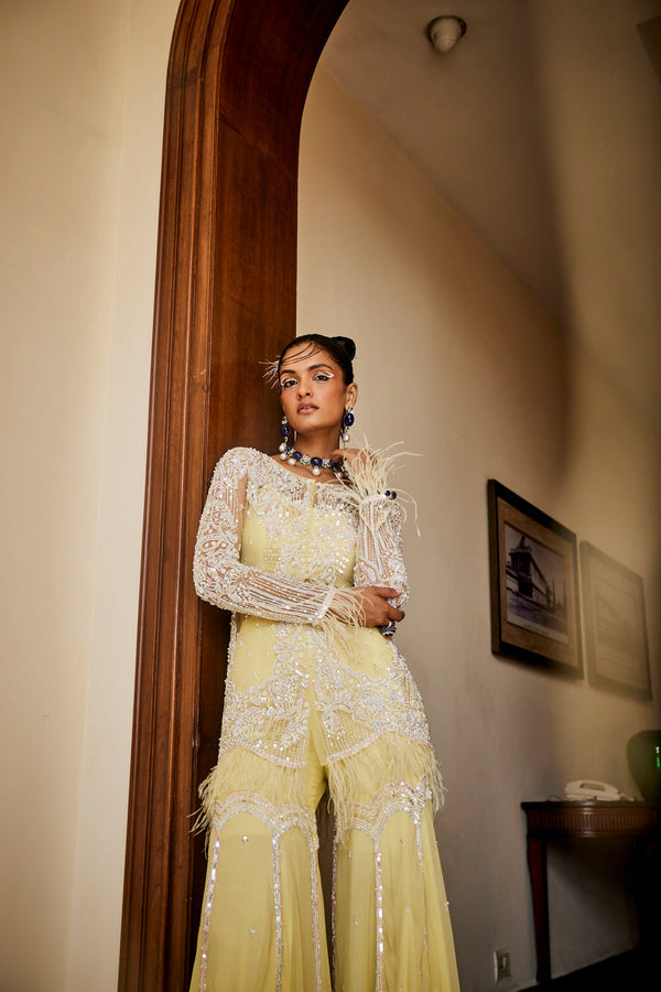 Lemon Chiffon Jacket, Bustier & Gharara Set