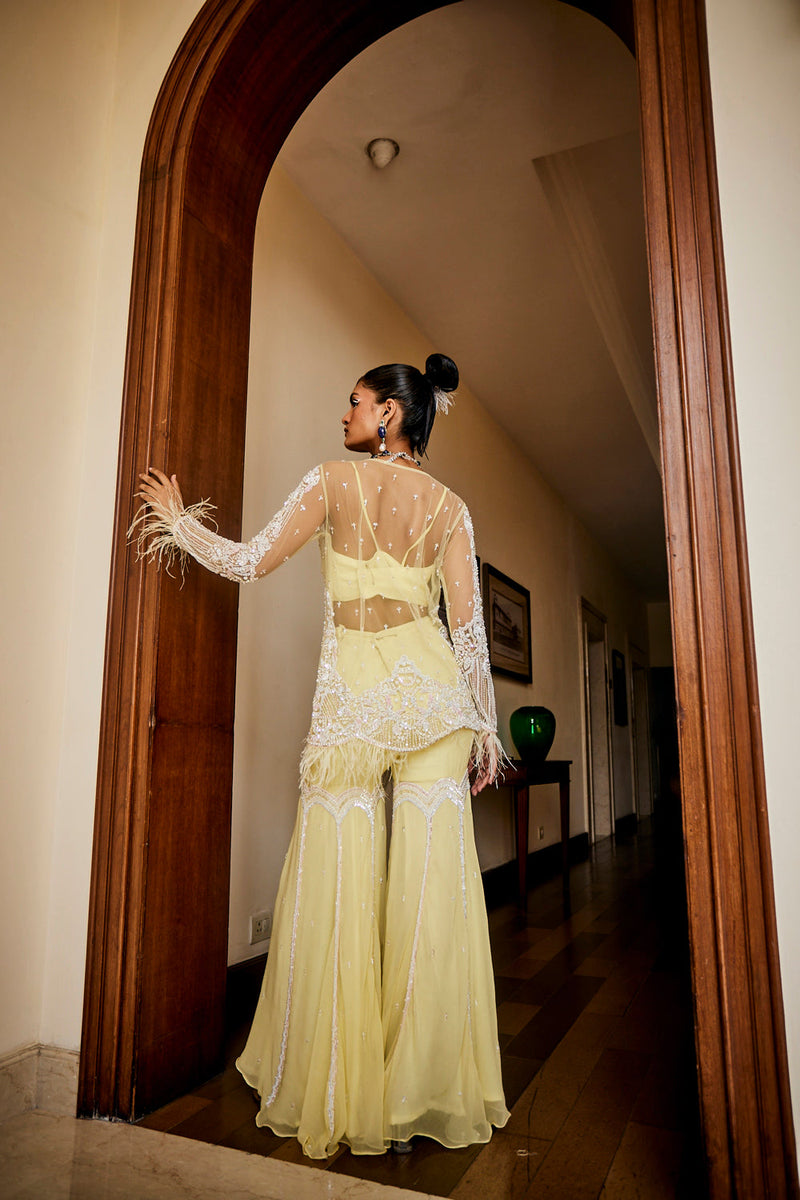 Lemon Chiffon Jacket, Bustier & Gharara Set