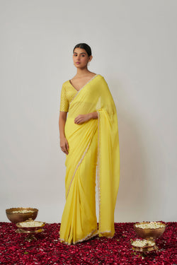 Lemon Yellow Sequin And Zari Embroidered Georgette Saree Set