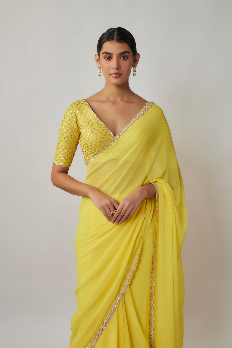 Lemon Yellow Sequin And Zari Embroidered Georgette Saree Set