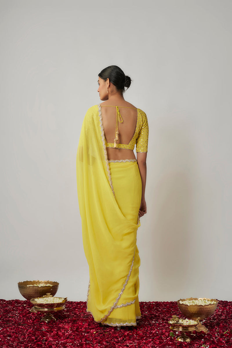 Lemon Yellow Sequin And Zari Embroidered Georgette Saree Set