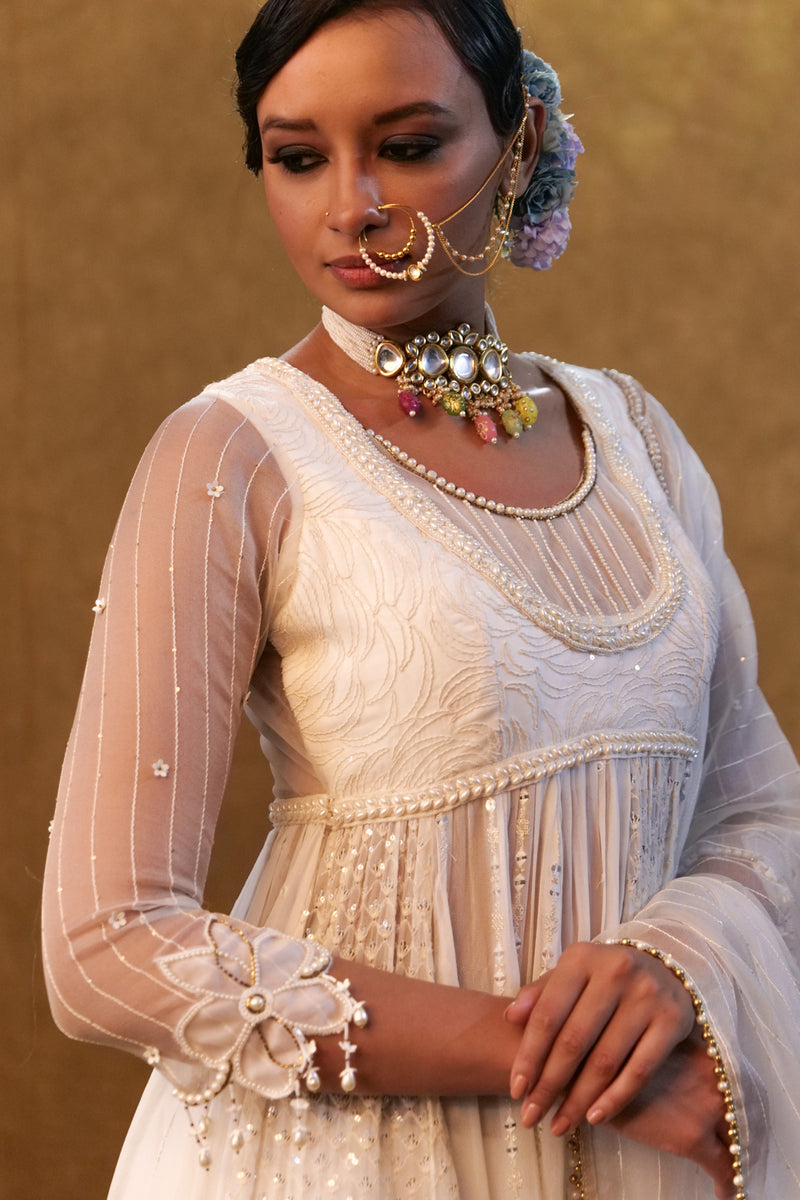 White Anarkali Set Paired With Skirt And Dupatta