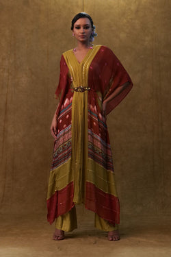 Maroon Printed Kaftan With Pants And A Separate Inner.