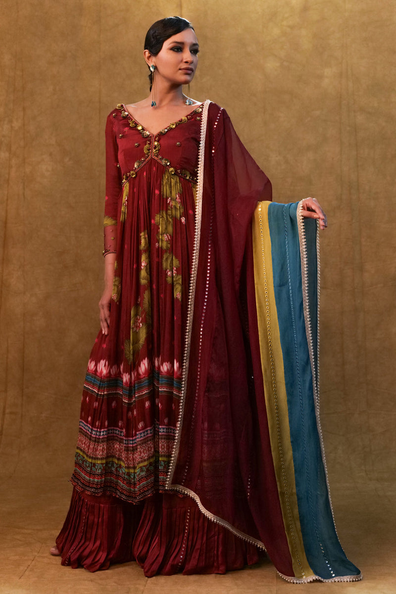 Maroon Printed Anarkali Paired With Skirt And Dupatta