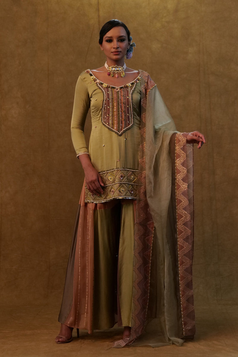 Sage Green Suit With Color Block Sharara And A Organza Dupatta