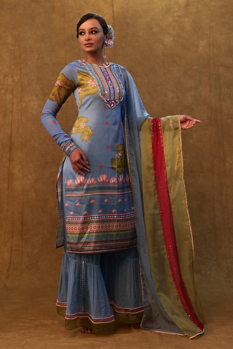 Ocean Blue Printed Kurta Set Paired With Color Block Dupatta And Flared Pants.