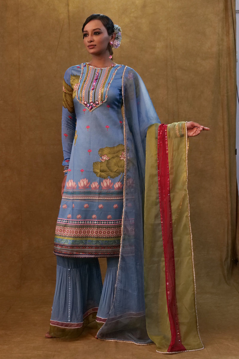 Ocean Blue Printed Kurta Set Paired With Color Block Dupatta And Flared Pants.