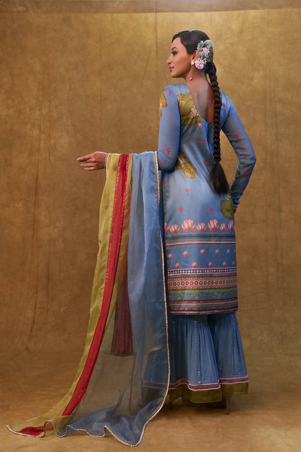 Ocean Blue Printed Kurta Set Paired With Color Block Dupatta And Flared Pants.