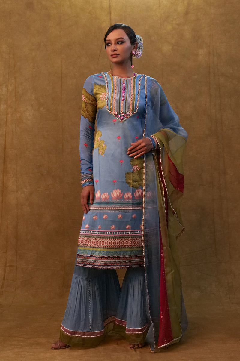 Ocean Blue Printed Kurta Set Paired With Color Block Dupatta And Flared Pants.