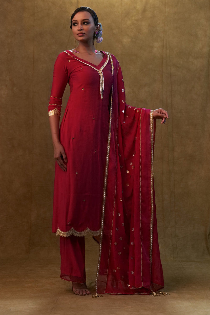 Hot Pink Kurta Set Paired With Sequin Embroidery Dupatta And Pants