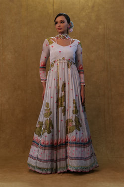 Light Grey Printed Floor Length Anarkali Paired With Small Neck Dupatta.