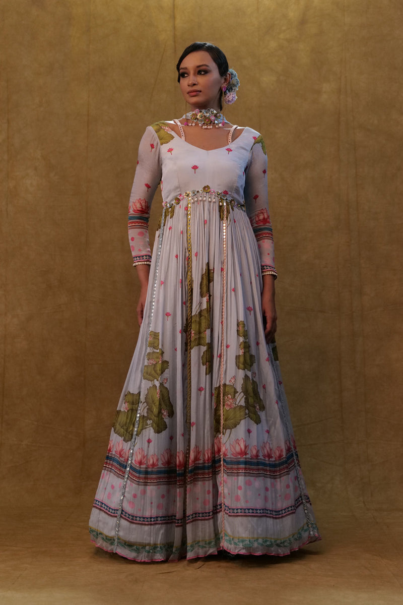 Light Grey Printed Floor Length Anarkali Paired With Small Neck Dupatta.