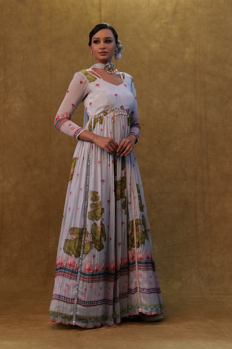 Light Grey Printed Floor Length Anarkali Paired With Small Neck Dupatta.