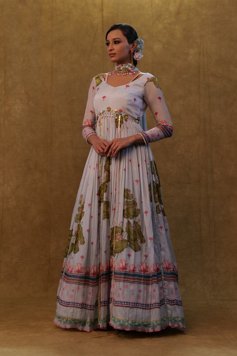 Light Grey Printed Floor Length Anarkali Paired With Small Neck Dupatta.