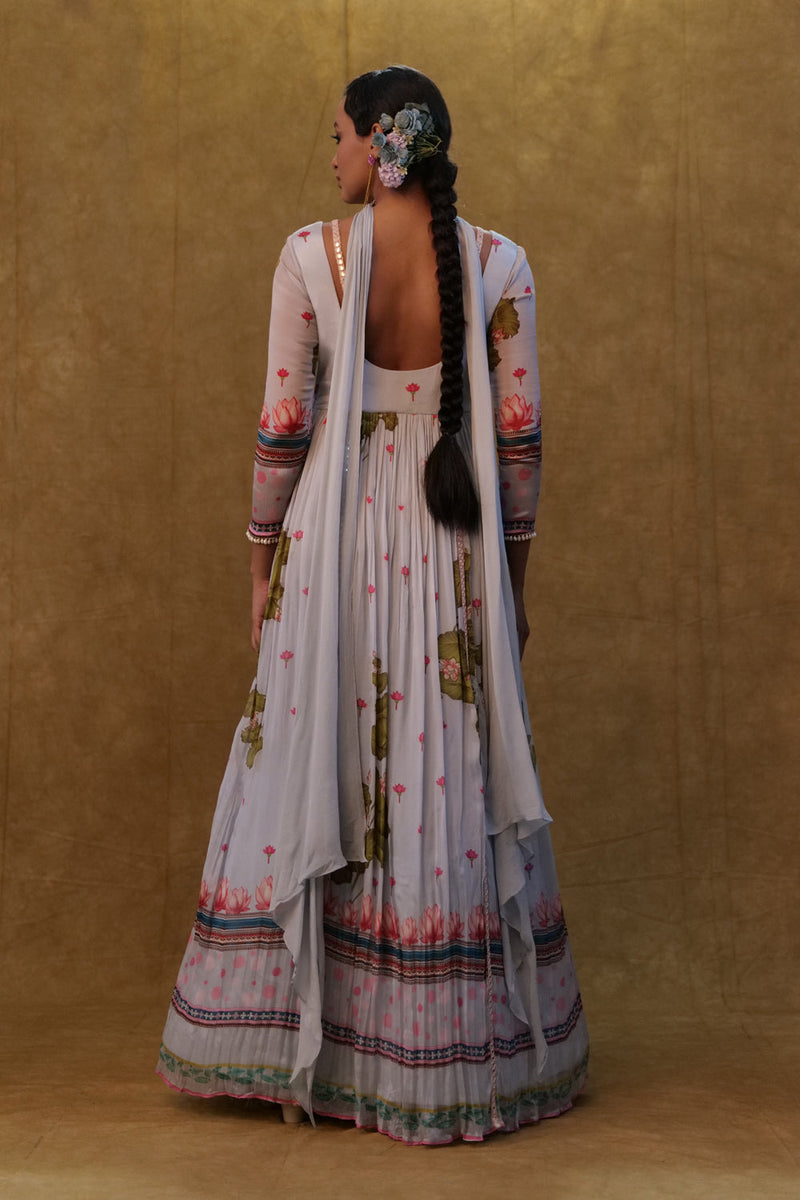 Light Grey Printed Floor Length Anarkali Paired With Small Neck Dupatta.