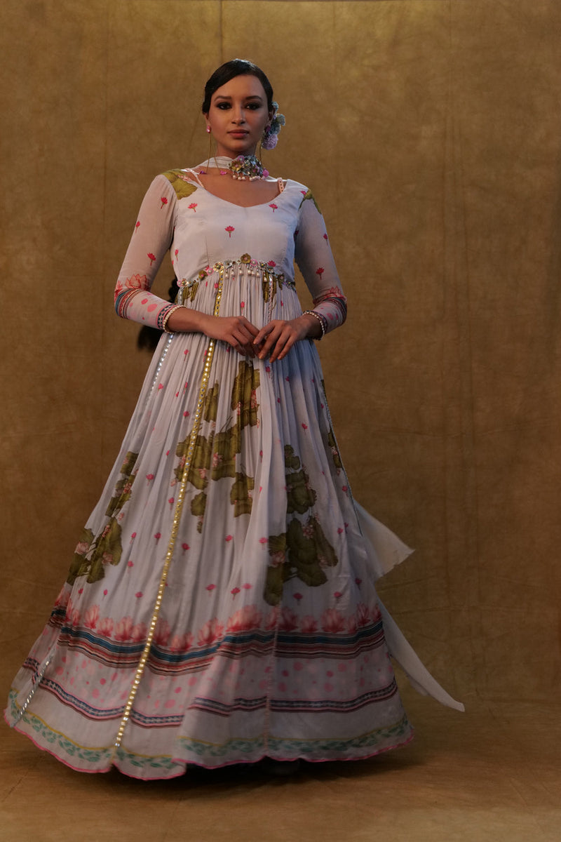 Light Grey Printed Floor Length Anarkali Paired With Small Neck Dupatta.