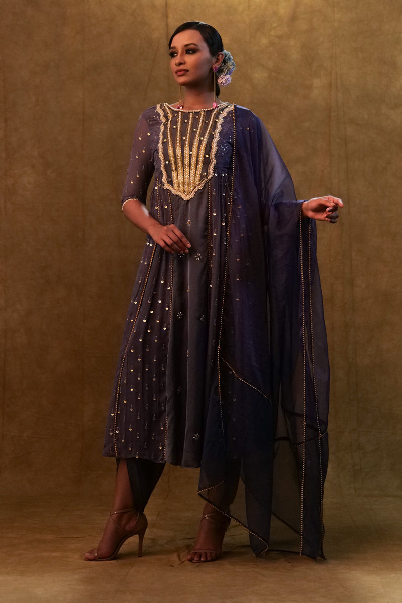 Charcoal Blue Anarkali Suit Paired With Dupatta And Drape Pants.